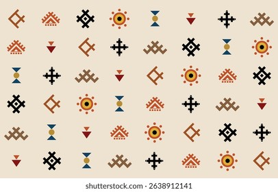 Ethnic tribal colorful symbol background. Seamless tribal pattern, folk embroidery, tradition geometric tribal ornament. Traditional design for fabric, textile, print, rug, paper, carpet