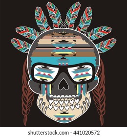 Ethnic tribal decor skull skeleton style boho with feathers and abstract patterns American Indian Navajo. Print for T-shirts, sweatshirts - stock vector illustration.