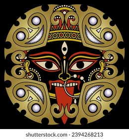 Ethnic tribal design with Hindu and Mesoamerican motifs. Face of goddess Kali inside golden frame. 