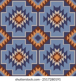 Ethnic tribal design Navajo Aztec seamless pattern blue brown zigzag geomatics Native American motifs traditional textiles, Diamond Turkish kilim rug, Vintage runner, table mat carpet, Home décor #82