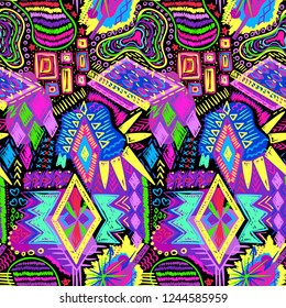 Ethnic Tribal doodles print pattern. Simple sketch background. Abstract Aztec geometric fabric. Cloth design. Hippie ornamental embroidery textile fashion. Hand drawn seamless vector.