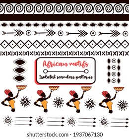 Ethnic tribal elements pack with african borders and motifs. Collection of folk and national seamless patterns from Africa. Isolated repeat backgrounds with aztec, mayan and indian cultural doodles.