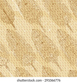 Ethnic tribal feathers seamless pattern. Decorative Brown feathers background.