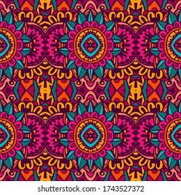 Patrón festivo tribal étnico para la tela. Resumen Estilo Doodle sin fisuras patrón ornamental. Diseño psicodélico de México