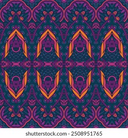 Ethnic tribal festive pattern for fabric. Abstract geometric colorful seamless pattern ornamental. Textile psychdedlic Vibrant Ethnic filigree geometric print.