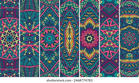 Ethnic tribal geometric banner collection with geometric art in bright colors. Geometric pattern doodle psychedelic bookmark print.