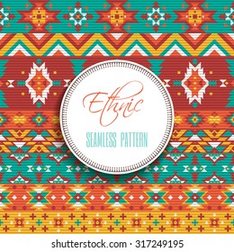 Ethnic or tribal geometric elements and stripe style flat color seamless pattern vector illustration