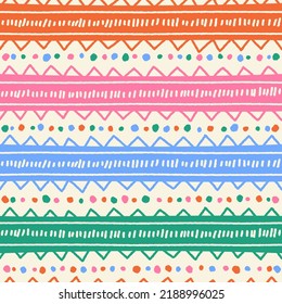 Ethnic Tribal Geometric Folk Indian Scandinavian Gypsy Mexican Boho African Ornament Texture Seamless Pattern Zigzag Dot Line Horizontal Stripes Color Print Textiles Background Vector Illustration