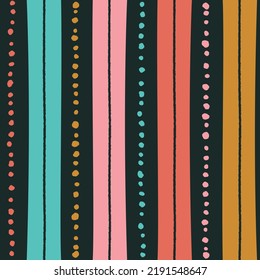 Ethnic Tribal Geometric Folk Indian Scandinavian Gypsy Mexican Boho African Ornament Texture Seamless Pattern Zigzag Dot Line Vertical Stripes Dark Color Print Textiles Background Vector Illustration