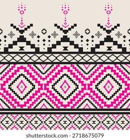 Fondo de patrón geométrico tribal étnico que repite motivos tradicionales en tonos rosados, negros y beige. Inspirado en diseños populares y textiles, adecuado para impresiones de telas, Fondo de pantalla, embalaje, moda, decoración del hogar y proyectos de estilo cultural o boho. Patrón decorativo sin fisuras con contraste audaz y estética étnica moderna.
