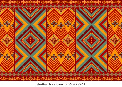 Ethnic Tribal Geometric Pattern in Warm Tones, Vibrant Abstract Tribal Print Design, Colorful Seamless Background, Traditional Fabric Pattern Design