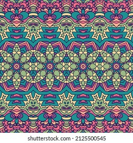 Patrón geométrico juguetón tribal étnico para tela. Diseño psicodélico colorido mexicano.