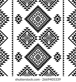 Patrón inconsútil geométrico tribal étnico azteca, nativo americano, navajo, estilo suroeste con motivos de diamantes diseño blanco y negro para la impresión textil