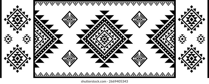 Patrón inconsútil geométrico tribal étnico azteca, nativo americano, navajo, estilo suroeste con motivos de diamantes diseño blanco y negro para la impresión textil
