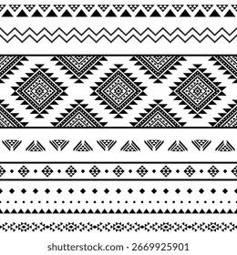 Ethnic tribal geometric seamless pattern Mexican, Aztec, Native American, Navajo, Southwestern style with diamond motifs black and white design for textile printing