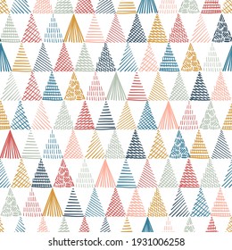 Ethnic Tribal Herringbone Triangle Seamless Pattern. Hand Drawn Doodle Triangles. Vector Abstract Mosaic Geometric Multicolor Background