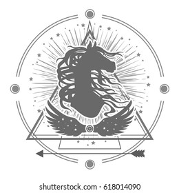 Ethnic tribal Horse. Spiritual, esoteric, totem animal symbol. For t-shirt, bag, postcard,and logo. Tattoo design