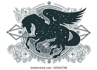 Ethnic tribal Horse. Spiritual, esoteric, totem animal symbol. For t-shirt, bag, postcard,and logo. Tattoo design