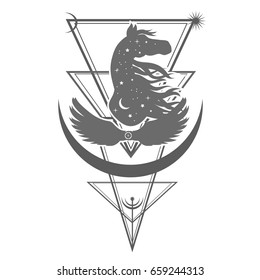 Ethnic tribal Horse. Spiritual, esoteric, totem animal symbol. For t-shirt, bag, postcard,and logo. Tattoo design