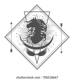  Ethnic tribal Horse. Spiritual, esoteric, totem animal symbol. For t-shirt, bag, postcard,and logo. Tattoo design