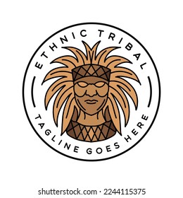 Ethnic Tribal illustration Monoline Vector Logo, mascot vintage badge, creative emblem Design For Business