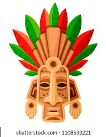 Ethnic tribal mask. Mask with green and red leaf. Ritual headdress, colorful. Vector illustration isolated on white background.