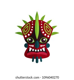 Ethnic Tribal Mask With Ornaments, Big Eyes And Teeth. Flat Vector Icon Related To Zulu Culture. Ritual Attribute