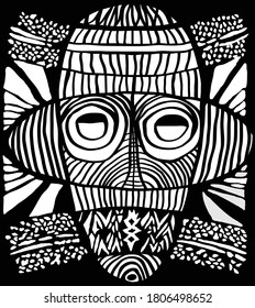 Ethnic tribal mask. traditional ritual mask native shamans of ancient tribes and religions Voodoo Africa, America and Australia. Black and white hand drawn vector illustration.
