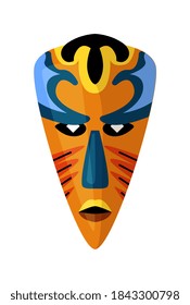 Ethnic tribal mask. Triangle shaped carved afro ethnic tribal mask. Indigenous artifact illustration isolated vector on white background. African cultural heritage