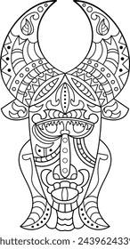 Ethnic tribal mask.Mandala style.Hippie tattoo.Zen art. Hand-drawn.  Coloring book page.Vector illustration.