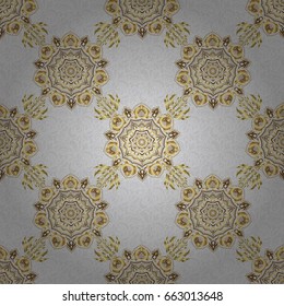 Ethnic and tribal motifs. Bright seamless pattern with vector geometric ornament in Christmas traditional colors (golden on gray). Colorful abstract background. Ornamental vivid wallpaper.