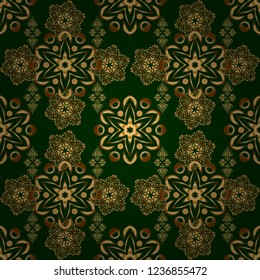 Ethnic and tribal motifs. Ornamental vivid wallpaper. Bright seamless pattern with vector geometric ornament in Christmas traditional colors (golden on green). Colorful abstract background.