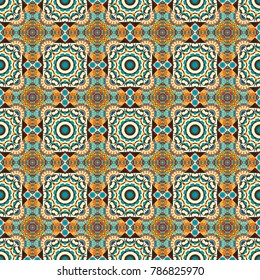 Ethnic and tribal motifs. Vintage print in beige, brown and blue colors, grunge texture. Seamless striped and Mandalas pattern. Simple ornament. Vector illustration.