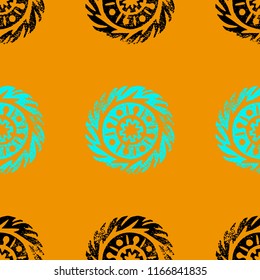 Ethnic, tribal, native circle, mandala. Hand drawn linocut. Geometric seamless pattern. African mexican indian oriental ornament. Turmeric color background