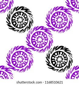 Ethnic, tribal, native circle, mandala. Hand drawn linocut. Geometric seamless pattern. African mexican indian oriental ornament. Black and violet