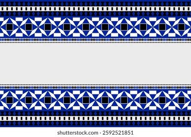 Ethnic tribal pattern of blue, black geometric shape. Ethnic pattern seamless white background. Abstract flower, diamond, elegant, folk, native, art theme for fabric print, texture, textile, wallpaper