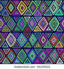 Ethnic tribal pattern. The bright structure of traditional folk motifs, diamonds, triangles. Vector texture, painted by hand.
