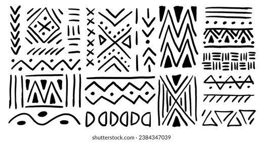Ethnic tribal pattern doodle handdrawn elements. Aztec, African or Mexican motifs, charcoal pencil drawing. Abstract native ornament shapes, vector illustration.