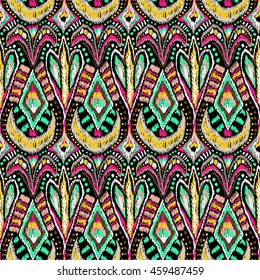 Ethnic tribal pattern. Native artistic ornament background. Floral aztec boho texture. Unusual brazilian or mexican fabric design. Trendy sketch clothes ornate.