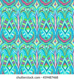 Ethnic tribal pattern. Native artistic ornament background. Floral aztec boho texture. Unusual brazilian or mexican fabric design. Trendy sketch clothes ornate.