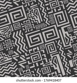 Ethnic tribal pattern seamless. Geometric aztec abstract monochrome pattern fashionable illustration wavy lines and twisted into squares decorative art of Peruvian vector decor.
