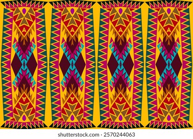 Ethnic Tribal Pattern with Vibrant Multicolor Zigzag Motifs in Red, Yellow, Green, and Blue for Bold Decorative Textile and Seamless Wallpaper Background