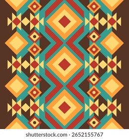 Ethnic tribal pattern with warm earth tones and bold diamond shapes. Ideal for digital fabric printing and fashion design inspired by native motifs.