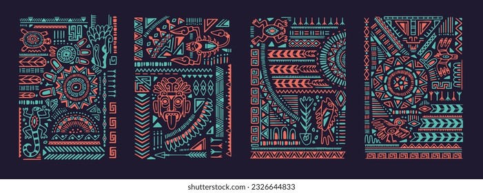 Ethnic tribal posters set. Ancient Aztec tribe wall arts. Mexican cards, vertical decorations with Navajo shapes, lines, traditional symbols, Maya elements. Flat vector illustrations in boho style