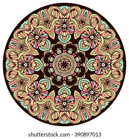 Ethnic tribal round ornament. Colorful mandala for meditation. Can be used for Yoga design.Isolated vector illustration.