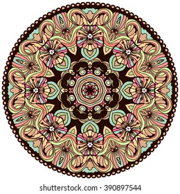 Ethnic tribal round ornament. Colorful mandala for meditation. Can be used for Yoga design.Isolated vector illustration.