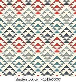 Ethnic, tribal seamless pattern. Native americans embroidery textile stylized surface print. Boho chic ornament. Repeated triangles geometric background. Colorful mosaic wallpaper. Vector abstract