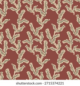 Patrón tribal étnico sin fisuras con Formas de ramas orgánicas y puntos decorativos sobre un fondo de terracota. Ornamento de Vector botánico boho terroso en estilo folclórico rústico, ideal para la decoración del hogar, el Fondo de pantalla, los textiles mediterráneos y la marca ecológica.
