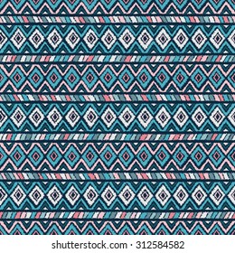 Patrón tribal étnico sin fisuras en colores rosa y azul. Ilustración vectorial - EPS 8