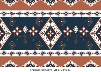 Ethnic tribal seamless patterns inspired by Navajo and Aztec motifs. Terracotta, navy blue, and ivory color palette. Ideal for fabric, fashion, and digital backgrounds

